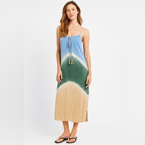 Mele beach resort wear tie dye dress. Tan, green, blue with beaded tassels. FFF